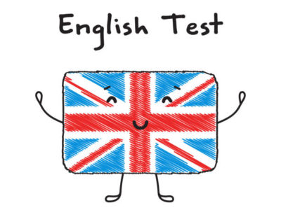 Funny UK flag character in sketch style. Study English language. English language test